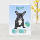 French Bulldog Blue Happy Birthday Greeting Card カード (黄色い花)
