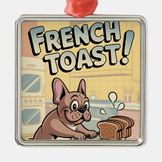 French Bulldog Breakfast Cartoon Art メタルオーナメント (正面)