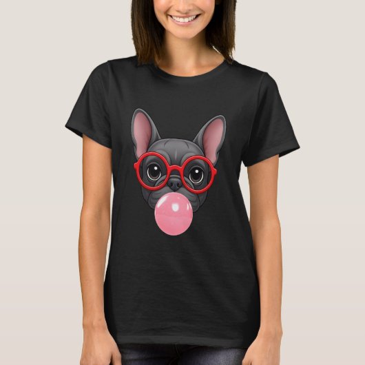 French Bulldog Bubble Gum Dog Mom Dad Glasses Funn Tシャツ (正面)
