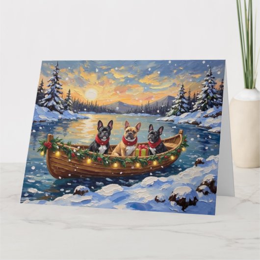 French Bulldog Christmas Boat Holiday カード (正面)