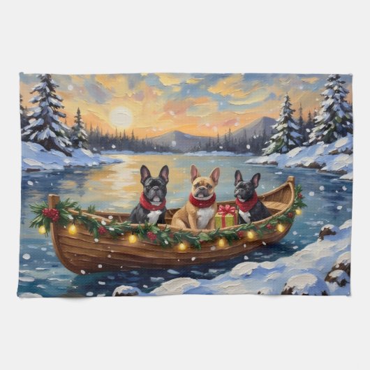 French Bulldog Christmas Boat Holiday キッチンタオル (横)