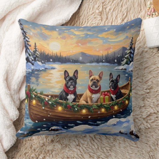 French Bulldog Christmas Boat Holiday クッション (ブランケット)