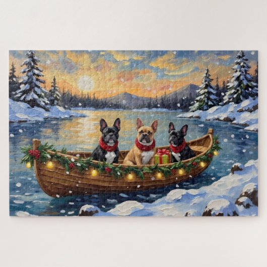 French Bulldog Christmas Boat Holiday ジグソーパズル (横)