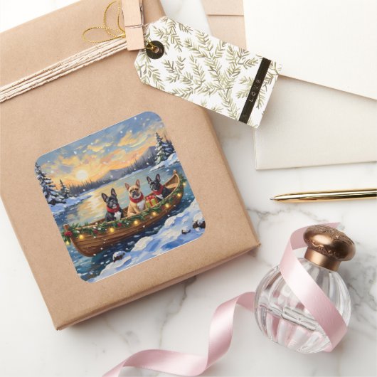 French Bulldog Christmas Boat Holiday スクエアシール (ギフト)