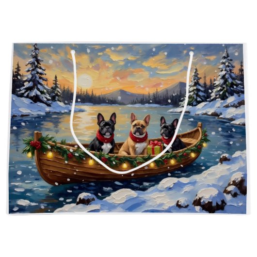 French Bulldog Christmas Boat Holiday ラージペーパーバッグ (正面)