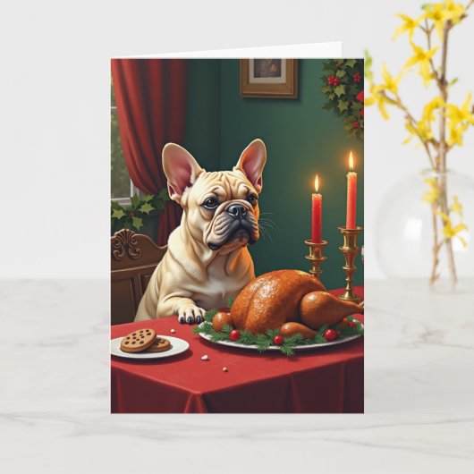 French Bulldog Christmas Eve Feast Painting カード (黄色い花)