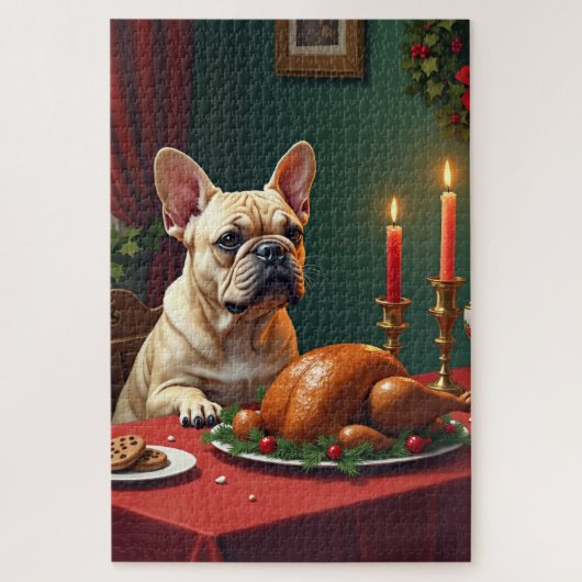 French Bulldog Christmas Eve Feast Painting ジグソーパズル (縦)