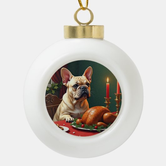 French Bulldog Christmas Eve Feast Painting セラミックボールオーナメント (正面)