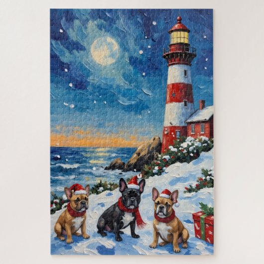 French Bulldog Christmas Lighthouse Holiday ジグソーパズル (縦)