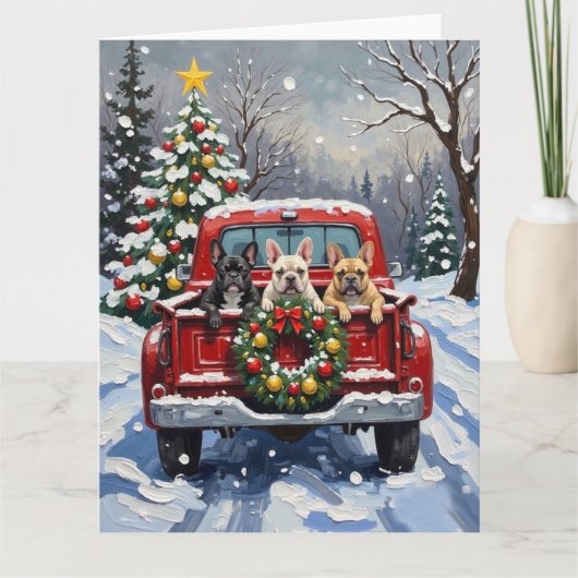French Bulldog Christmas Red Truck Holiday カード (正面)