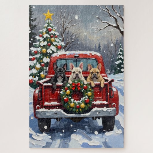 French Bulldog Christmas Red Truck Holiday ジグソーパズル (縦)