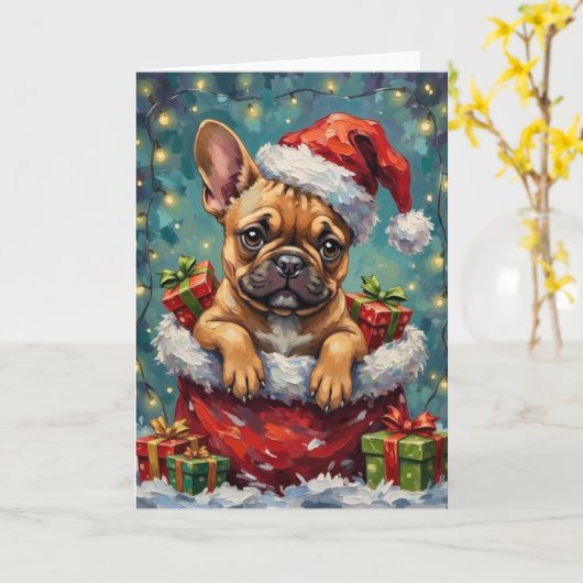 French Bulldog Christmas Santa Bag Adventure カード (黄色い花)