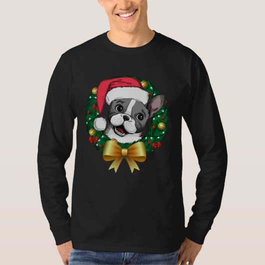 French Bulldog Christmas  Santa Xmas Wreath Tree Tシャツ (正面)
