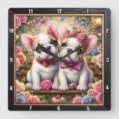 French Bulldog Couple Rose Garden スクエア壁時計 (正面)