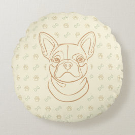 French Bulldog Decorative Line Art Pattern ラウンドクッション