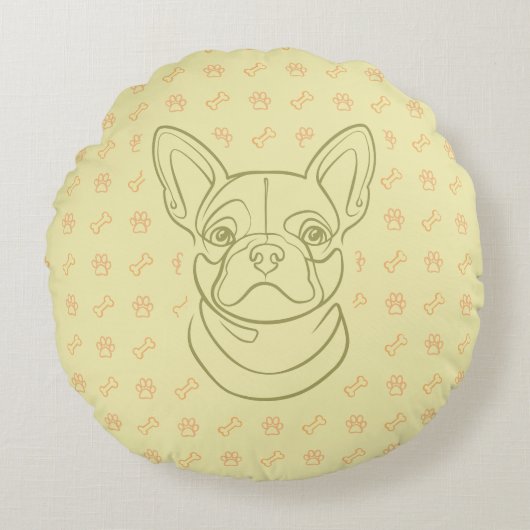 French Bulldog Decorative Line Art Pattern ラウンドクッション (正面)