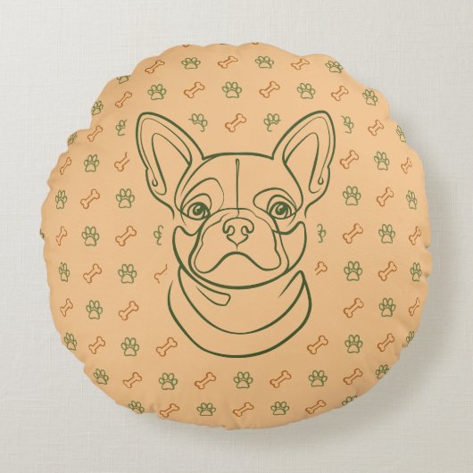 French Bulldog Decorative Line Art Pattern ラウンドクッション (正面)