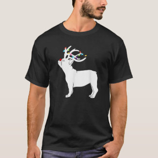 French bulldog Dog Reindeer Lights Plaid Santa Hat Tシャツ