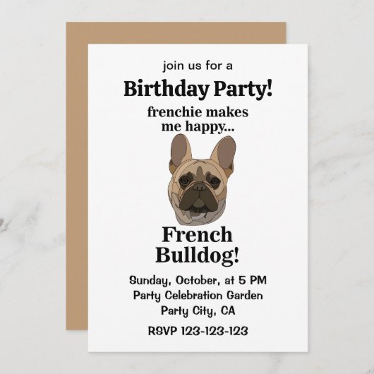 French Bulldog Face Birthday Party 招待状 (正面/裏面)