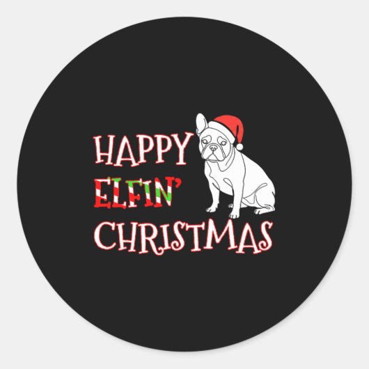 French Bulldog Funny Santa Hat Happy Elfin Christm ラウンドシール (正面)