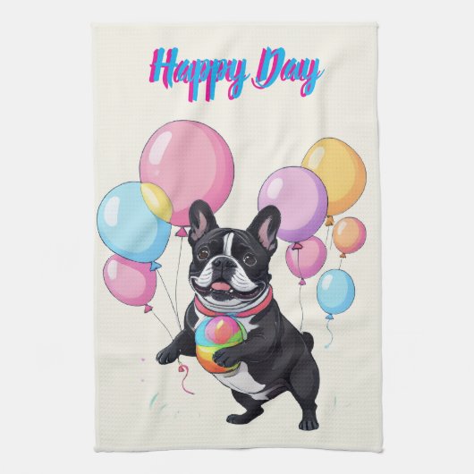 French Bulldog Happy Day Französische Bulldogge  キッチンタオル (縦)