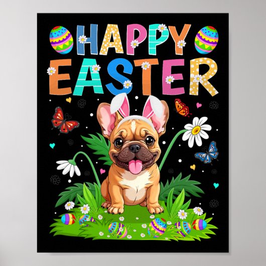 French Bulldog Happy Easter Egg Hunt Bunny Ear Eas ポスター (正面)