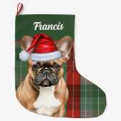 French Bulldog Holiday Plaid and Dogs Name ラージクリスマスストッキング (正面)