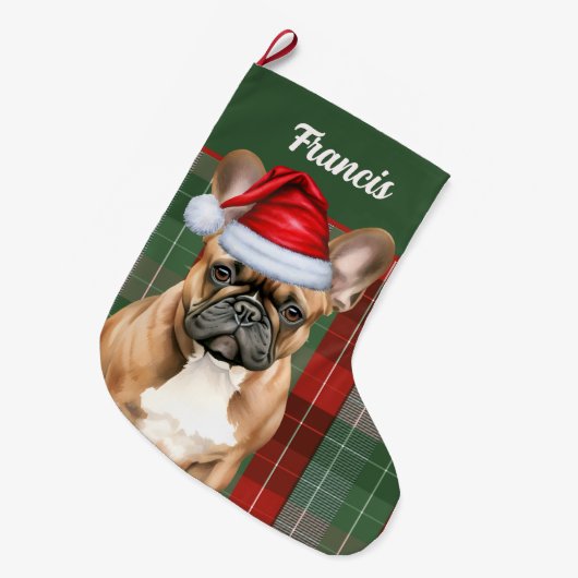 French Bulldog Holiday Plaid and Dogs Name ラージクリスマスストッキング (正面 (吊り時))