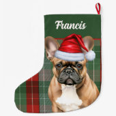 French Bulldog Holiday Plaid and Dogs Name ラージクリスマスストッキング (裏面)