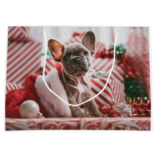 French Bulldog in Christmas Hat ラージペーパーバッグ (正面)