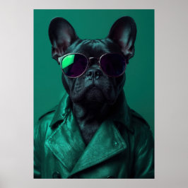 French Bulldog in Green Leather Jacket Art ポスター