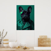 French Bulldog in Green Leather Jacket Art ポスター (キッチン)