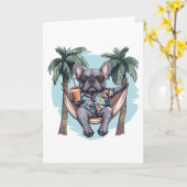French Bulldog In Hawaiian Top カード (黄色い花)