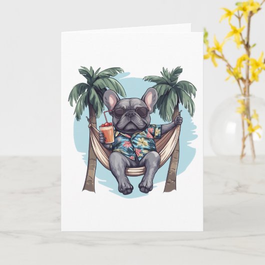 French Bulldog In Hawaiian Top カード (黄色い花)