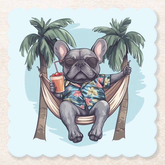 French Bulldog In Hawaiian Top ペーパーコースター (正面)