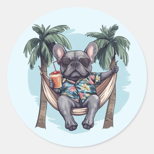 French Bulldog In Hawaiian Top ラウンドシール (正面)