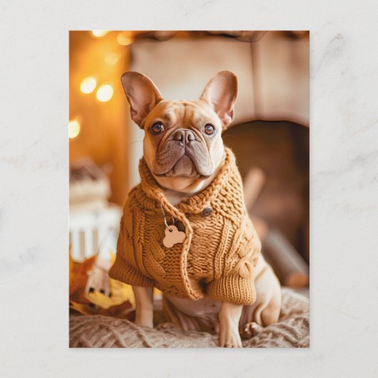 French Bulldog in Knitted Dog Attire シーズンポストカード (正面)