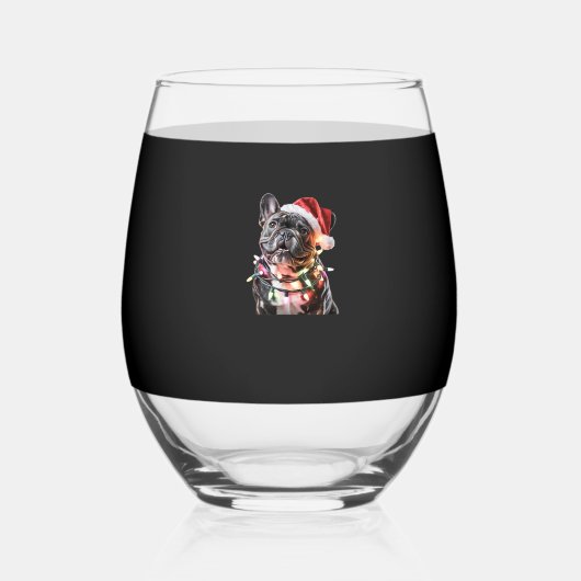 French Bulldog in Santa Hat Wrapped in Christmas L ステムなしワイングラス (正面)