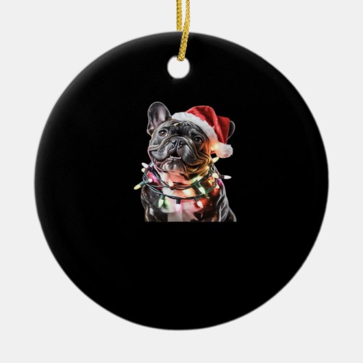 French Bulldog in Santa Hat Wrapped in Christmas L セラミックオーナメント (正面)