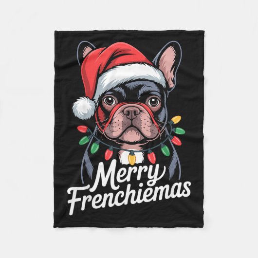 French Bulldog Merry Frenchiemas Santa Hat Christm フリースブランケット (正面)