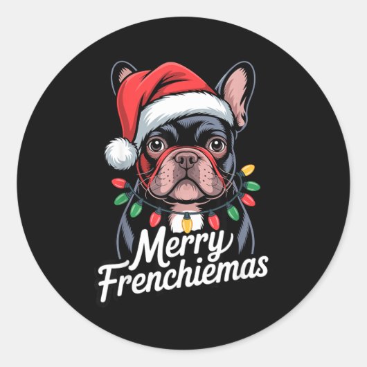 French Bulldog Merry Frenchiemas Santa Hat Christm ラウンドシール (正面)