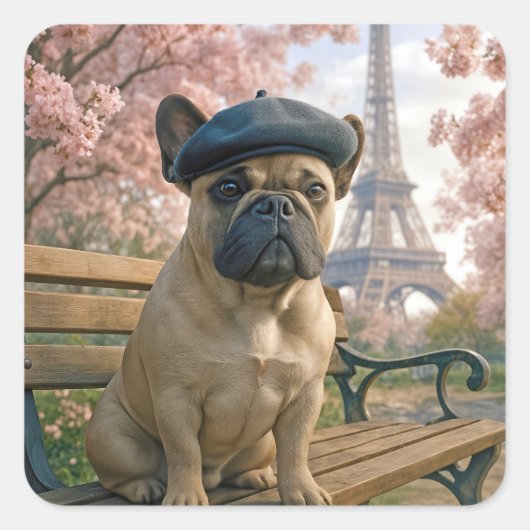French Bulldog On a Paris Park Bench スクエアシール (正面)