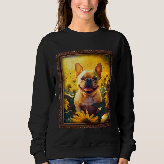 French Bulldog Painting Frenchie Sunflower Flower  スウェットシャツ (正面)