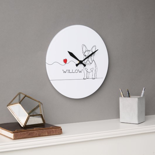 French Bulldog Pet Line Art with Name Bed ラージ壁時計 (オフィス)
