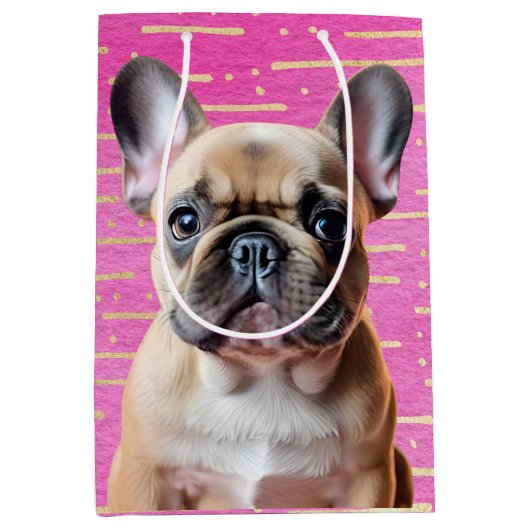 French Bulldog Pink Party Sweet Puppy Dog ミディアムペーパーバッグ (正面)