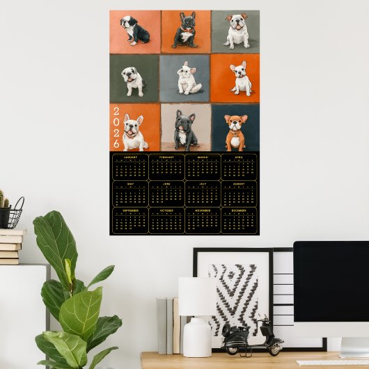 French Bulldog Portrait Grid with 2026 Calendar ポスター (ホームオフィス)