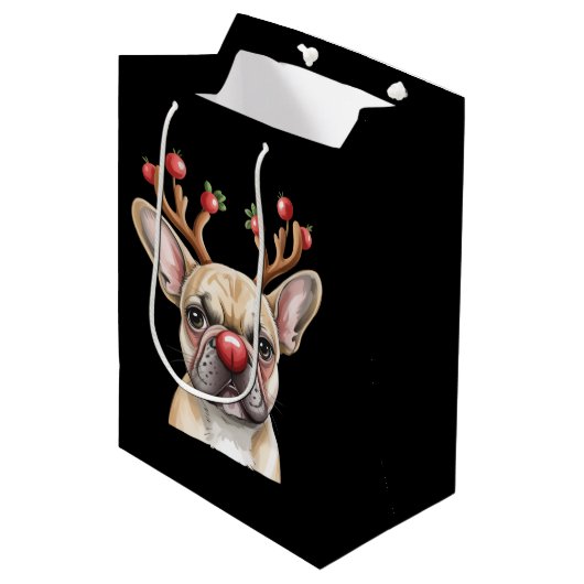 French Bulldog Reindeer Dog Lover Christmas Xmas ミディアムペーパーバッグ (正面アングル)