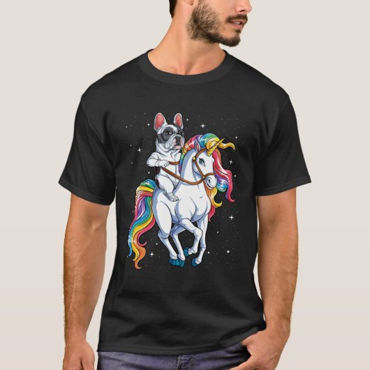 French Bulldog Riding Unicorn Girls Rainbow  Galax Tシャツ (正面)