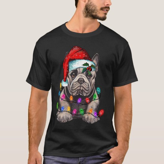 French bulldog santa christmas tree lights tシャツ (正面)