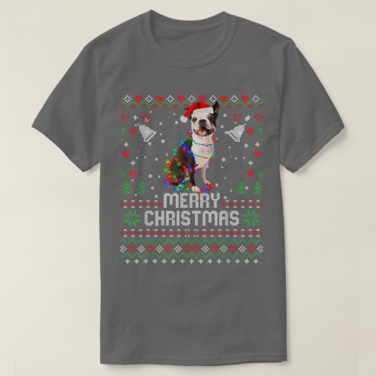 French Bulldog Santa Hat Dog Christmas Tree Lights Tシャツ (デザイン正面)